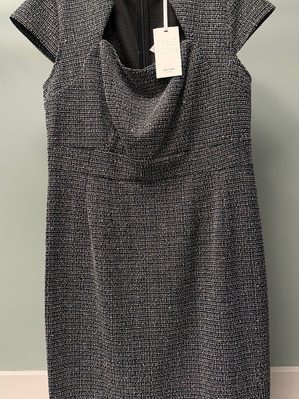 Grace Karin Black and Gray Tweed Cowl Neck Midi Dress